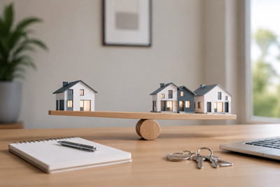 Casas en equilibrio sobre un escritorio de madera
